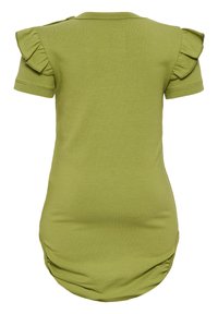 Grön kortärmad bodysuit med volangdetaljer på axlarna och tryckknappar i halsringningen för enkel påklädning. Mjuk, elastisk bomullstyg.