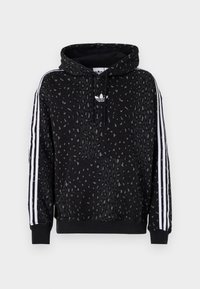 Svart hoodie i mjukt tyg med leopardmönster, kängurufickor och vita randiga detaljer längs ärmarna.