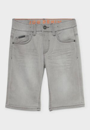 Lysegrå denimshorts med forlommer, bæltestropper, knaplukning og subtile falmede folder på lårene.