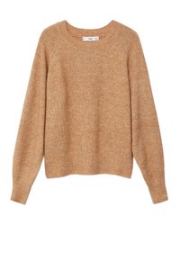 Maglione lavorato a maglia color marrone chiaro con maniche lunghe, collo rotondo e polsini e orlo a coste. Texture morbida con sfumature sottili in tutto il capo.