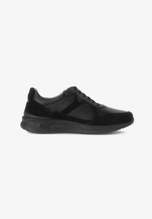 Black athletic shoes featuring a mix of smooth leather and suede, with a cushioned sole and perforations for breathability.