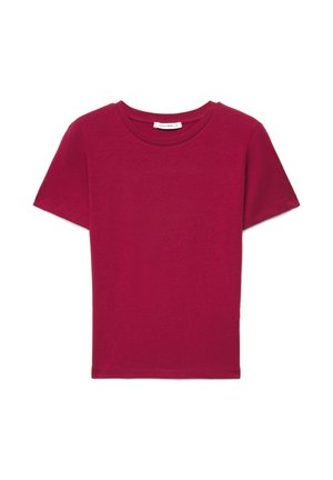 Maglietta a maniche corte color bordeaux solido con scollo tondo e design semplice, mostrata distesa su uno sfondo bianco.