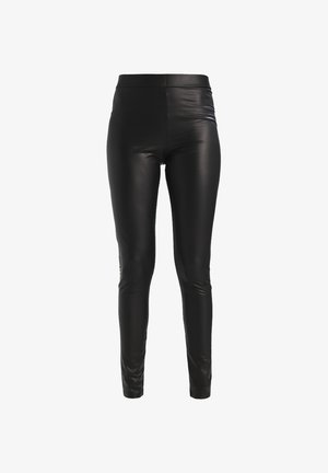 Schwarze Leggings aus Kunstleder mit hohem Bund und schmaler Silhouette, mit glatter Textur und ohne sichtbare Beschläge oder Akzente.