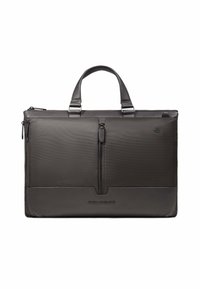 Schwarze Laptop-Tasche aus einer Kombination aus strukturiertem Stoff und glattem Leder, mit zwei Griffen und einer vorderen Reißverschlusstasche zur besseren Organisation.