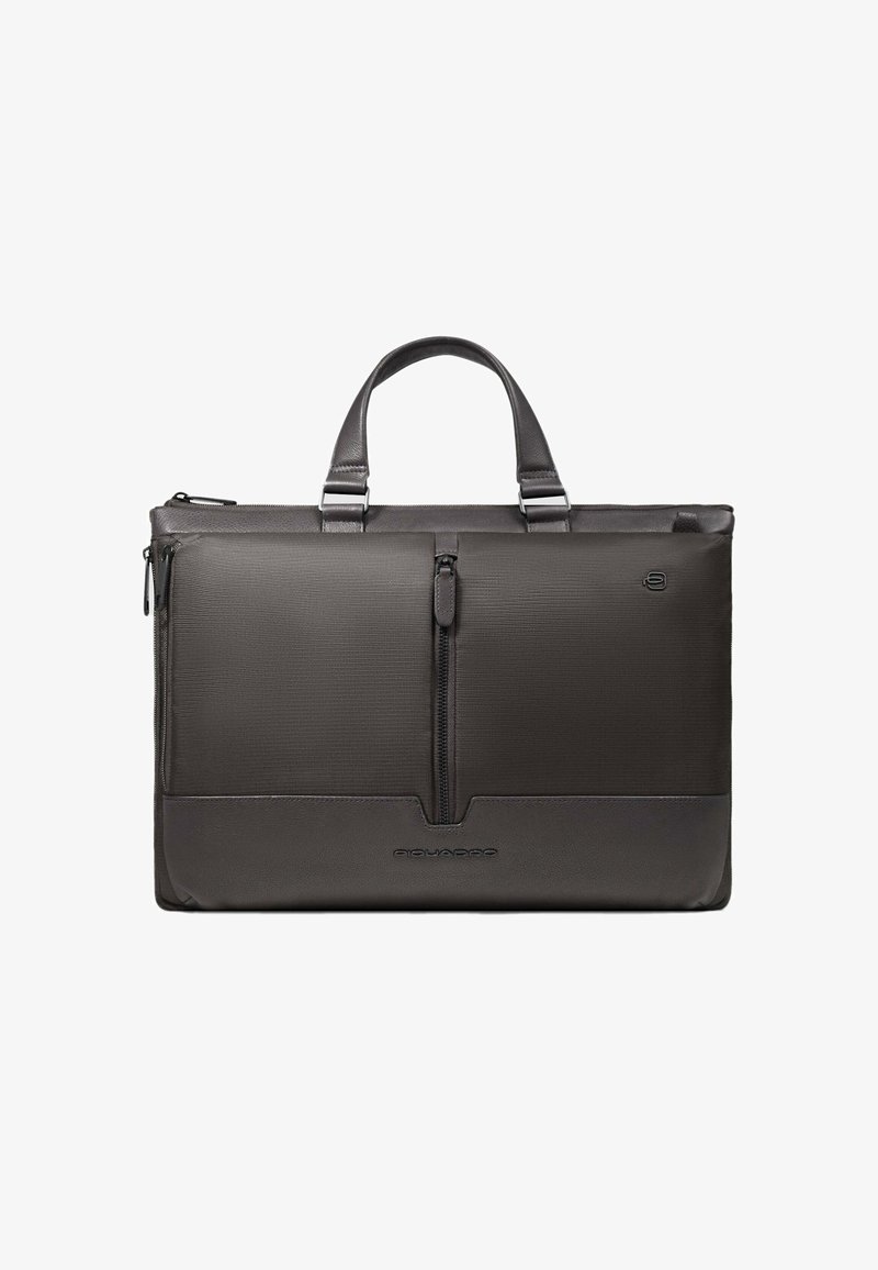 Schwarze Laptop-Tasche aus einer Kombination aus strukturiertem Stoff und glattem Leder, mit zwei Griffen und einer vorderen Reißverschlusstasche zur besseren Organisation.