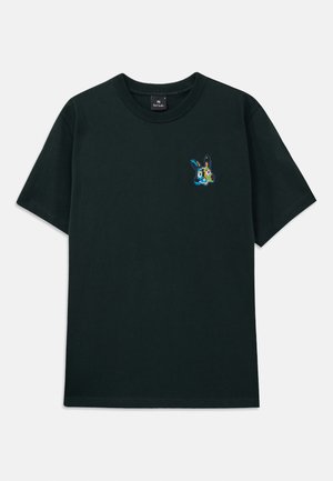 T-shirt noir à manches courtes avec un petit graphique de lapin pixelisé coloré sur la poitrine gauche et un col rond.