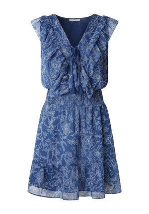 Blue floral dress with ruffled sleeves, v-neck, and smocked waist. Light fabric with a flowing skirt and decorative floral pattern in white.