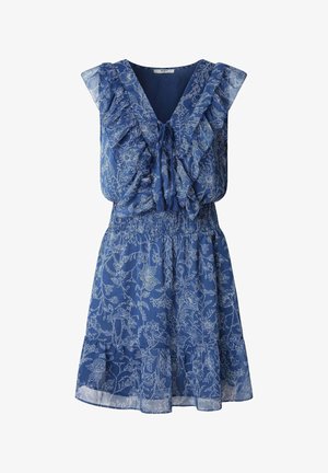 Vestido floral azul con mangas acampanadas, escote en V y cintura fruncida. Tejido ligero con falda fluida y patrón decorativo de flores en blanco.