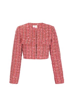 Roze cropped jack met lange mouwen, gestructureerde stof met een geweven patroon, voorzakken en een ronde halslijn.