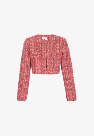Pink cropped jacket with long sleeves, textured fabric featuring a woven pattern, front pockets, and a round neckline.