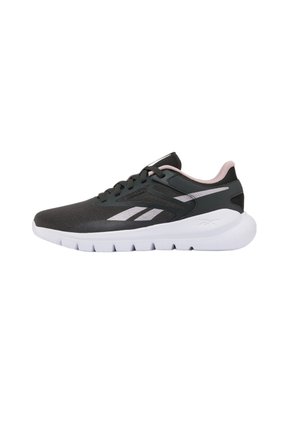 Scarpa sportiva nera e grigia con suola bianca, fodera rosa, chiusura con lacci e logo del marchio sul lato, vista dal lato sinistro.