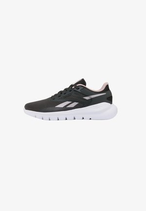 Zwart-grijze sportieve sneaker met witte zool, roze voering, vetersluiting en merklogo aan de zijkant, gezien vanaf de linkerzijde.