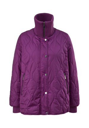 Veste matelassée violette avec col montant côtelé, boutons-pression à l'avant, poches latérales zippées et poignets côtelés.