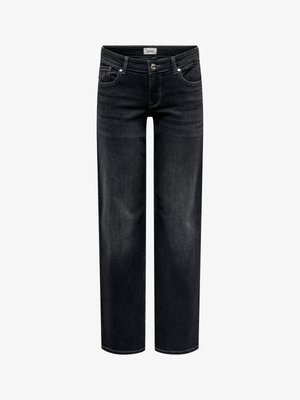 Sorte denimjeans med lige ben, forlommer, bæltestropper, lynlås og knaplukning, mærket "ONLY" indeni taljebåndet.