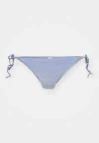 Csillogó anyagból készült kék bikini alsó. Két oldalon megkötős kialakítással és alacsony derekú dizájnnal rendelkezik. Egységes sima textúrával.