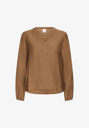 Blouse marron à manches longues avec un décolleté en V, en tissu léger, présentant une coupe décontractée et des poignets froncés, texture lisse.