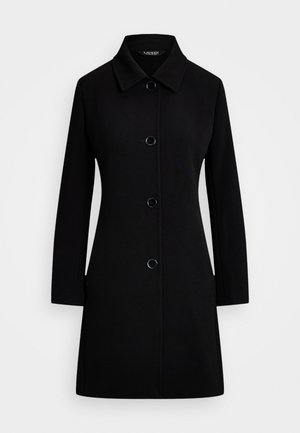 Schwarzer Mantel aus glattem Stoff mit einem kragenlosen Ausschnitt und sechs runden Knöpfen. Gerade Silhouette und lange Ärmel.