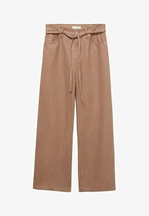 Brune bredbenede bukser med hvide lodrette striber. Har en bæltemidje, frontknaplukning og to sidelommer. Teksturert stof.