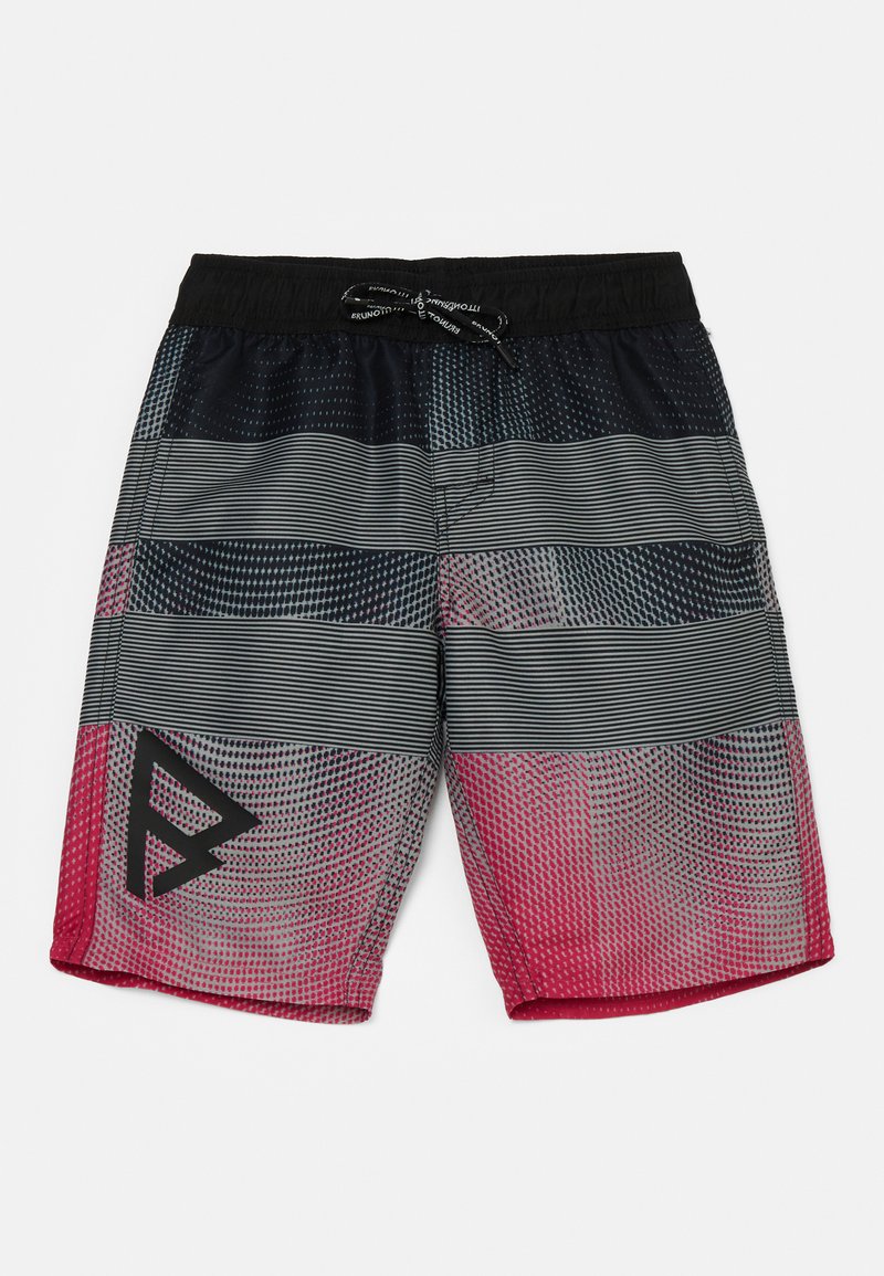 Swim shorts with an elastic waistband and drawstring, featuring horizontal stripes in black, gray, and pink, with geometric patterns and a logo.