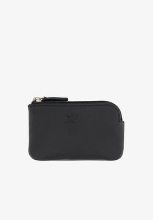 Bustina nera in pelle con cerniera, angoli arrotondati e logo di un toro in rilievo al centro anteriore.