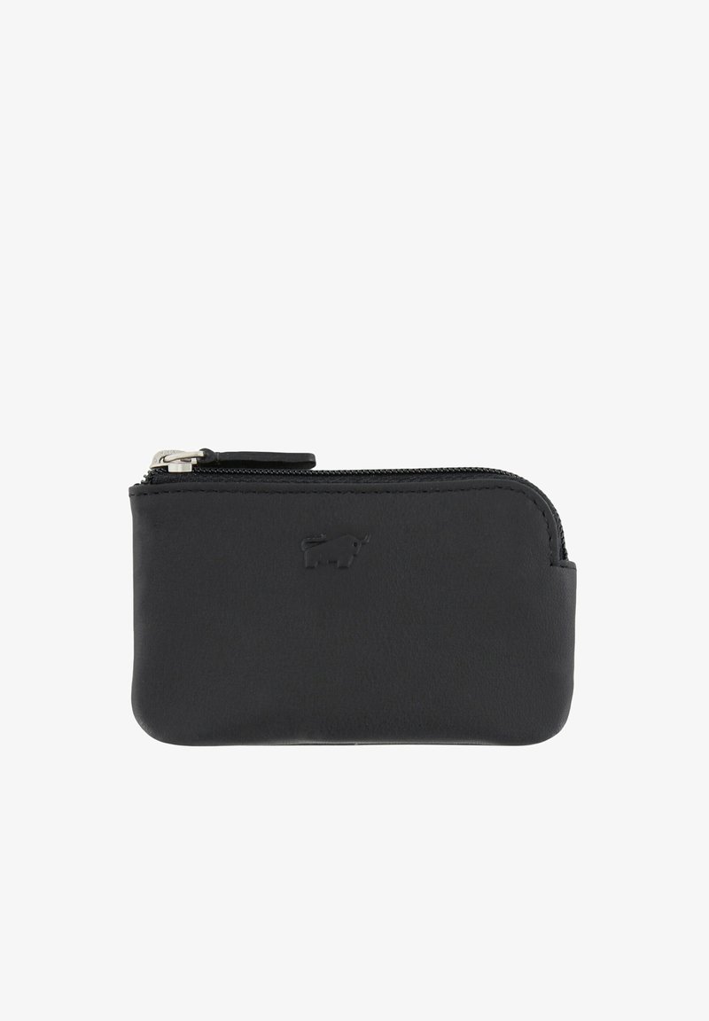 Schwarzes Lederetui mit Reißverschluss, abgerundeten Ecken und geprägt Bull-Logo in der Mitte vorne.