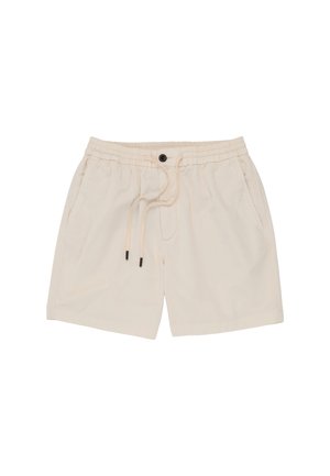 Shorts décontractés beige avec taille élastique, bouton noir, cordon de serrage et poches latérales, vue à plat sur fond blanc.