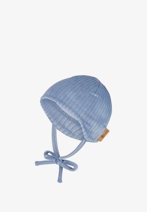 Light blue ribbed fabric baby hat with chin straps tied in a bow and a small brown brand tag on the side.