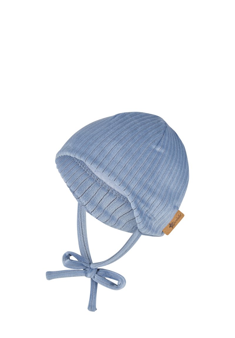 Light blue ribbed fabric baby hat with chin straps tied in a bow and a small brown brand tag on the side.