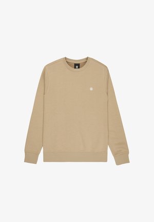 Beige long-sleeve crewneck sweatshirt with ribbed cuffs and hem, featuring a small white circular logo on the left chest.