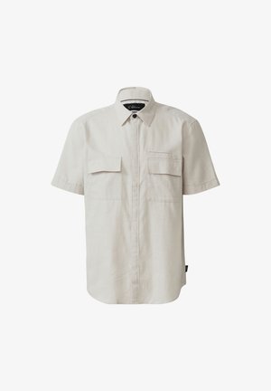 Korte mouwen beige shirt van lichtgewicht stof, met een knoopsluiting aan de voorkant, twee borstzakken en een kraag.