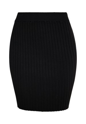 Schwarze gerippte Strickjacke mit einer enganliegenden Silhouette und einem Taillenbund-Design. Glatte Textur mit einem vertikalen Streifenmuster.