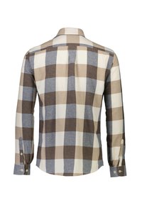 Langsleeve shirt in beige, bruin en grijs ruitpatroon; met knoopsluiting kraag en manchetten; zachte fabric textuur.