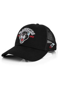 Black cap with embroidered black panther graphic and text "BLACKSKIES 2009" in white and red. Mesh side panels, curved brim.