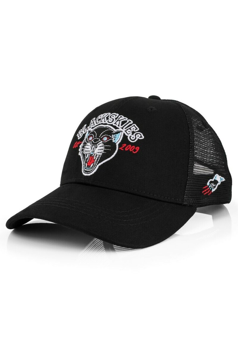 Black cap with embroidered black panther graphic and text "BLACKSKIES 2009" in white and red. Mesh side panels, curved brim.