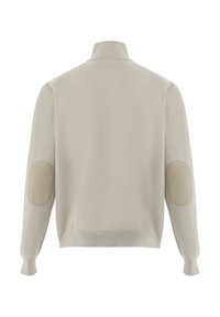 Hellgrauer Pullover mit hohem Kragen, strukturierter Stoff und kontrastierenden Ellbogenpatches aus glattem Material. Rippbündchen und Saum.