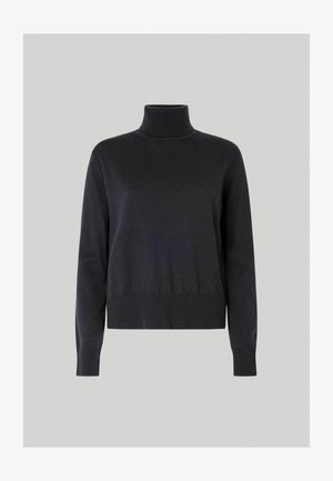 Suéter de punto negro con cuello tipo tortuga, de mangas largas, diseño corto y puños acanalados. Textura suave sin patrones ni acentos visibles.