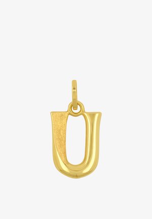 Pendentif en or en forme de la lettre majuscule « U » avec un design moitié lisse et moitié texturé, attaché à une petite boucle pour une chaîne.