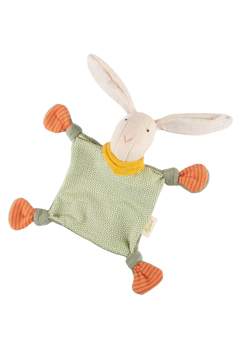 Soft rabbit plush toy with a textured green body, light beige face, long ears, and striped orange and green limbs.