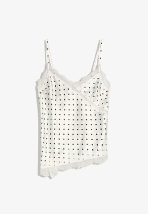 Weißes Unterhemd mit schwarzen Punkten, Spitzenbesatz entlang des Ausschnitts und Saums sowie dünnen verstellbaren Schulterträgern.