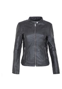 Svart läderjacka med hög krage, framzipperad stängning och två sidofickor med dragkedja. Slät yta och åtsittande design.