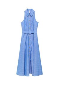 Abito senza maniche di colore blu, realizzato in tessuto leggero, con colletto, chiusura frontale con bottoni, vita con cintura e strisce bianche verticali.