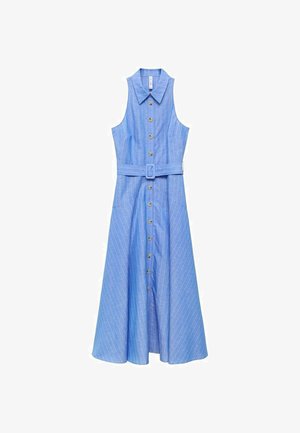 Blue sleeveless dress made of lightweight fabric, featuring a collar, button-front closure, belted waist, and vertical white stripes.