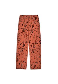 oranžiniai džinsai su dėmėtu juodu raštu, penkiais kišenėmis ir tiesioginiu kojų dizainu. Standartinė sagtys ir užtrauktukas.