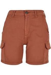 Shorts cargo couleur rouille en coton. Ils disposent de cinq poches, passants pour ceinture, et d'une fermeture boutonnée à la taille.