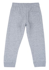 Grå bomullssweatpants med elastisk midja och ribbade muddar. Har en enda bakficka. Mjuk textur och avslappnad design.