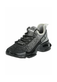 Black and silver athletic shoe with mesh upper, textured finish, lace-up closure, and thick rubber sole; features branded accents.