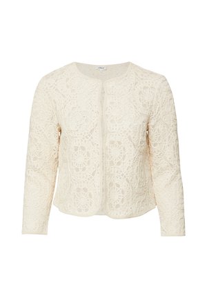 Kremowy, długi sweter z koronki z długim rękawem, wzorami kwiatowymi i okrągłym dekoltem, zapięcie na guziki ukryte z przodu.