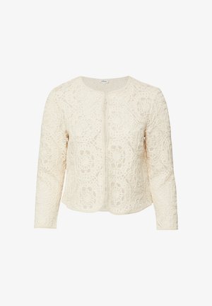 Crèmekleurig kanten vest met lange mouwen, bloemenpatronen en een ronde hals, knoopsluiting verborgen aan de voorkant.