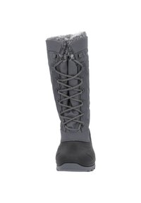 Graue wasserdichte Winterstiefel mit einem gesteppten Obermaterial, Kunstfellbesatz und einer schwarzen Gummisohle. Mit einer Schnürung vorne und starkem Grip.