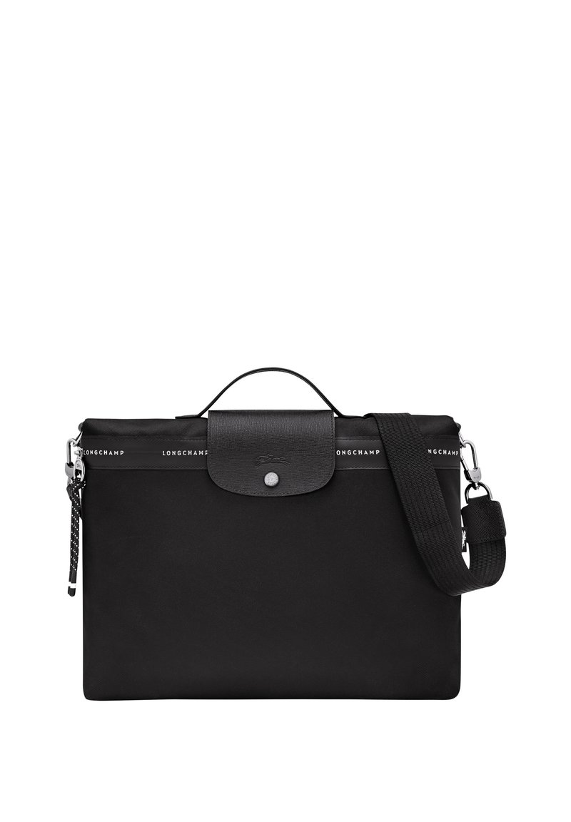 Black nylon bag with a textured leather flap, silver snap closure, and a detachable striped shoulder strap. Features logo detailing.